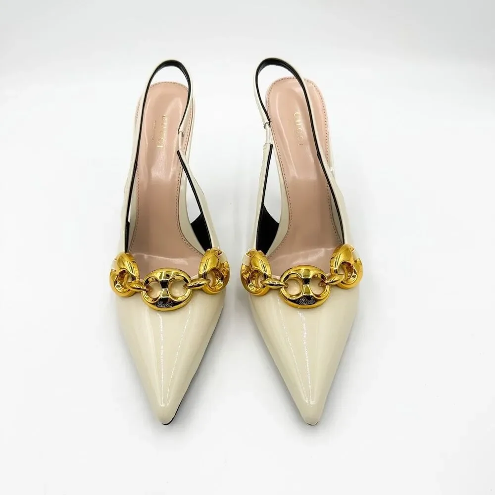 Gucci Marina Chain Slingback Pointed Toe Patent Leather Heels EU 42 US 12 - Picture 3 of 12